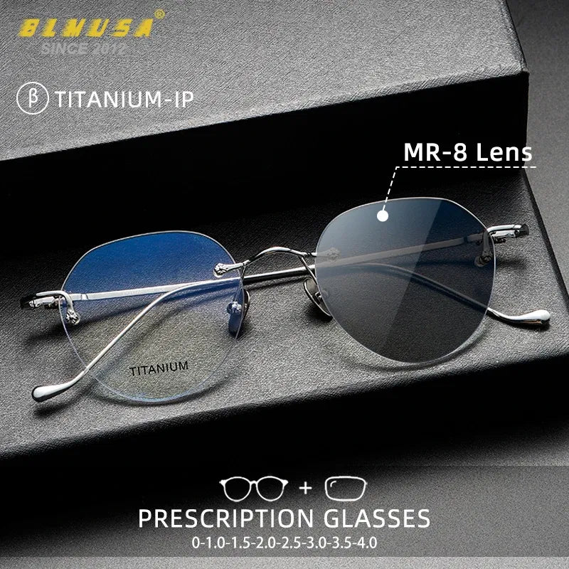 Frame Color: GRAY, Eye Prescription: +275 - BLMUSA Pure Titanium Rimless Anti-blue Light Reading Glasses for Men Round Photochromic Optical Prescription with MR-8 lens