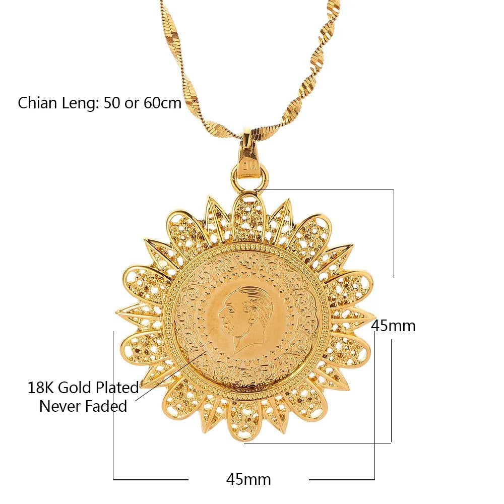 Never Faded Big Size Turkey Coin Pendant & Necklaces with AAA Crystal for Women Gold Color Turkish Coins Jewelry Ethnic Gifts