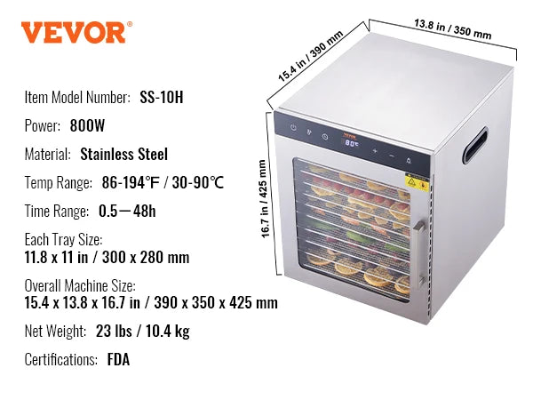 VEVOR Electric Food Dehydrator Machine, 800/1000W Electric Food Dryer, 10 Stainless Steel Trays, with Digital Adjustable Timer