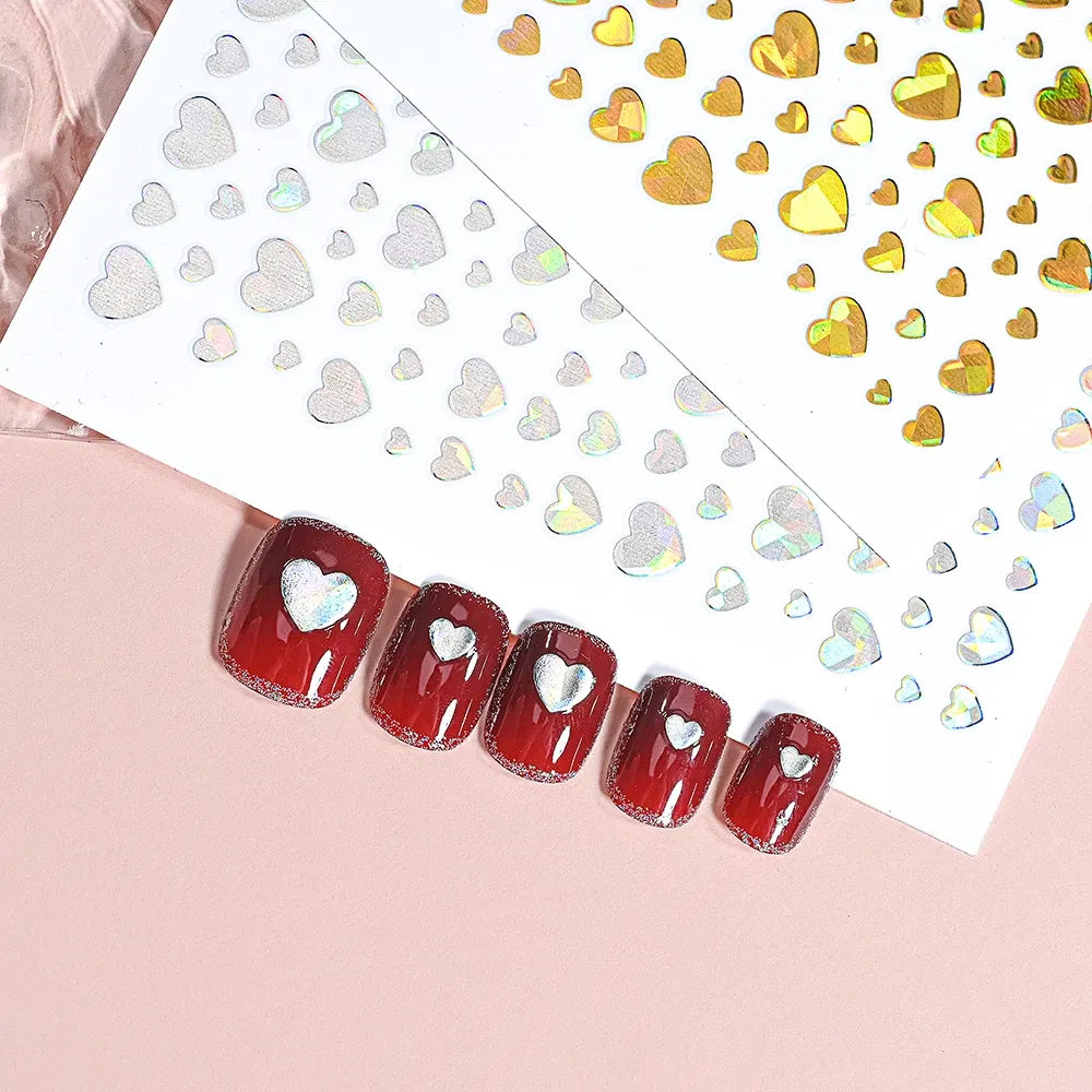 Color: WHITE - 1Pcs 3D Heart Love Nail Sticker Laser Colorful Self-Adhesive Slider Decals 8*10cm Valentines Day Sticker for Nail Decorations #N