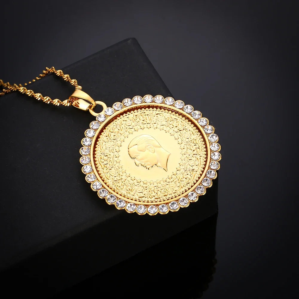 Never Faded Big Size Turkey Coin Pendant & Necklaces with AAA Crystal for Women Gold Color Turkish Coins Jewelry Ethnic Gifts