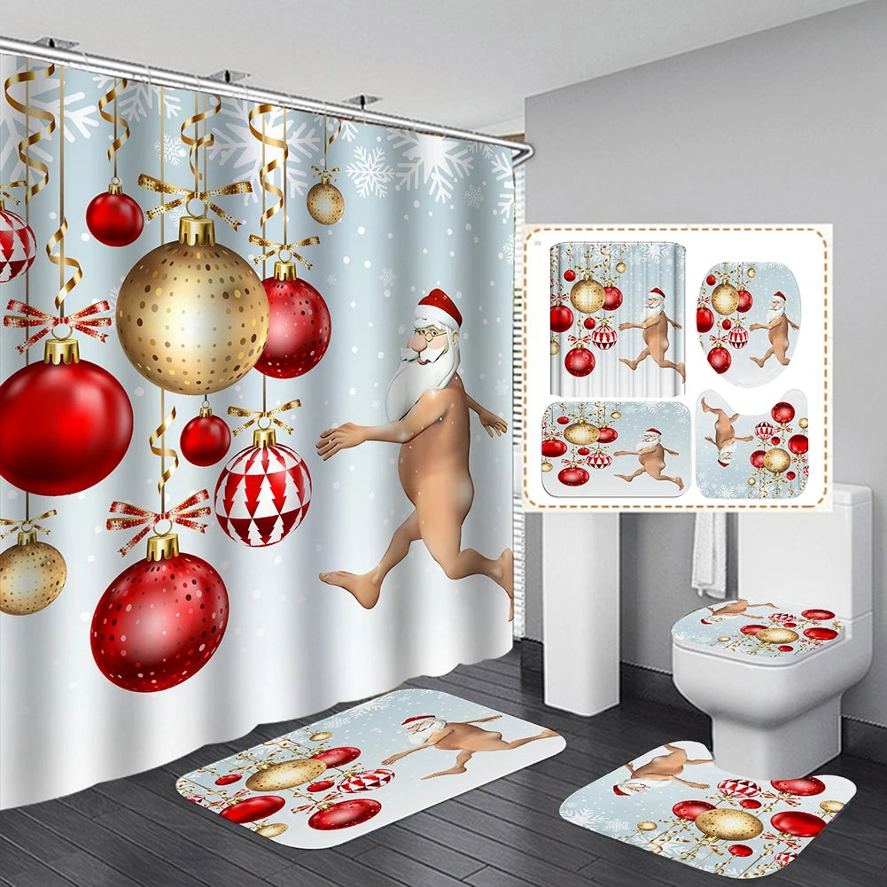 4PCS Bathroom Shower Curtain Set Christmas Snowman Santa Claus Printed Waterproof Shower Curtain Toilet Cover Mat Non Slip Rugs