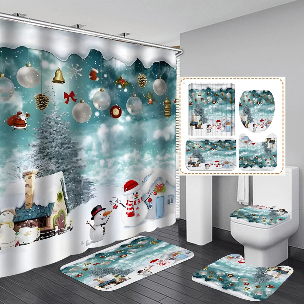 4PCS Bathroom Shower Curtain Set Christmas Snowman Santa Claus Printed Waterproof Shower Curtain Toilet Cover Mat Non Slip Rugs