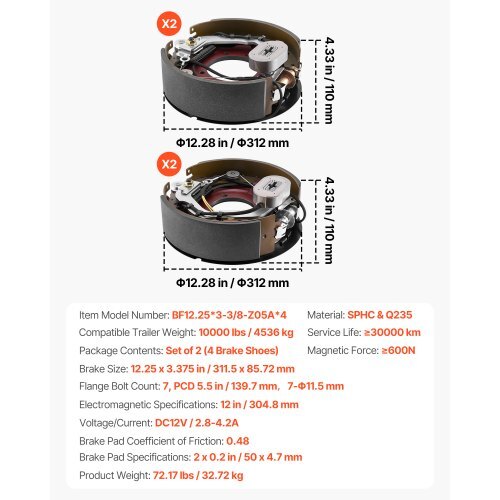 Electric Trailer Brake Kit, 12.25 x 3.375 Inch, 2 Pairs Self-Adjusting Electric Brakes Kit for 10000 lbs Trailer Axle, Backing Plates for Braking System Part Replacement, Fit for Trailers, RVs - American Smart