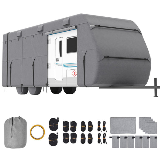 Travel Trailer Cover, 20-22 ft RV Cover, 4-Layer Non-Woven Fabric Camper Cover, Waterproof, Windproof and Rip-Stop Class A RV Cover, with Storage Bag, Repair Patches, Straps and Tire Covers