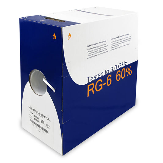 Black RG6 coax cable in a 1000ft pull box from American Smart, designed for high-quality wire and cable installations.
