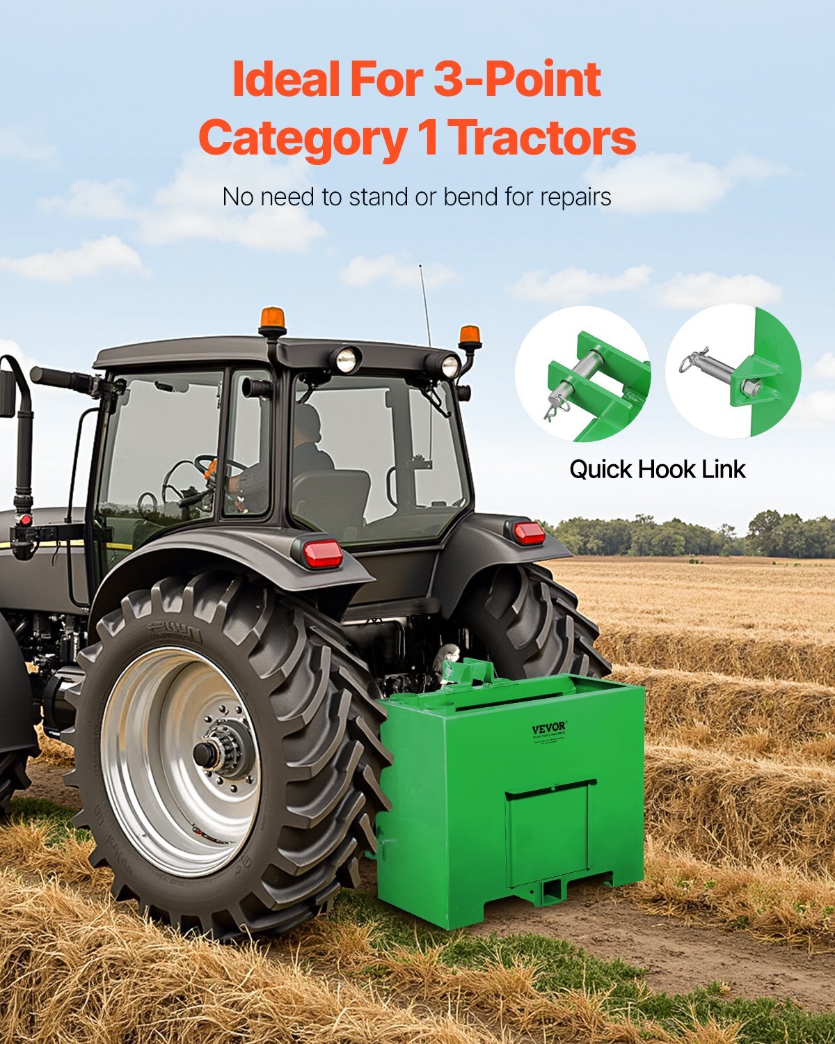 Ballast Box, 3-Point Category 1 Tractor Ballast of 800lbs Capacity, for 2 Inch Hitch Receiver, Heavy-Duty Steel 4.3 ft Large Volume Loader Attachment with Sliding Door, Green - American Smart