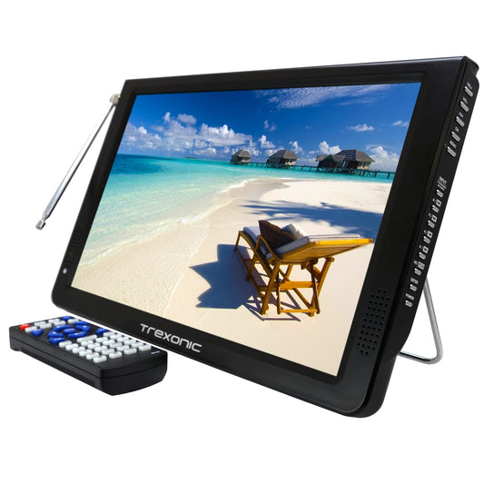 Trexonic Ultra Lightweight Rechargeable Widescreen 12" LED Portable TV with HDMI, SD, MMC, USB, VGA, Headphone Jack, AV Inputs and Output and Built-in Digital Tuner and Detachable Antenna - American Smart