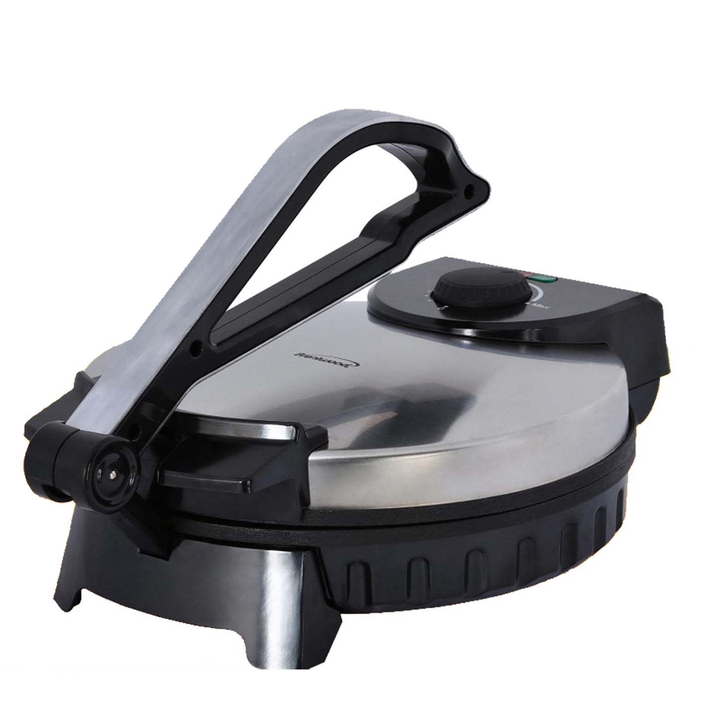 Brentwood 10-inch Roti, flatbread, and tortilla maker in kitchen, with non-stick surface and compact design for easy baking.
