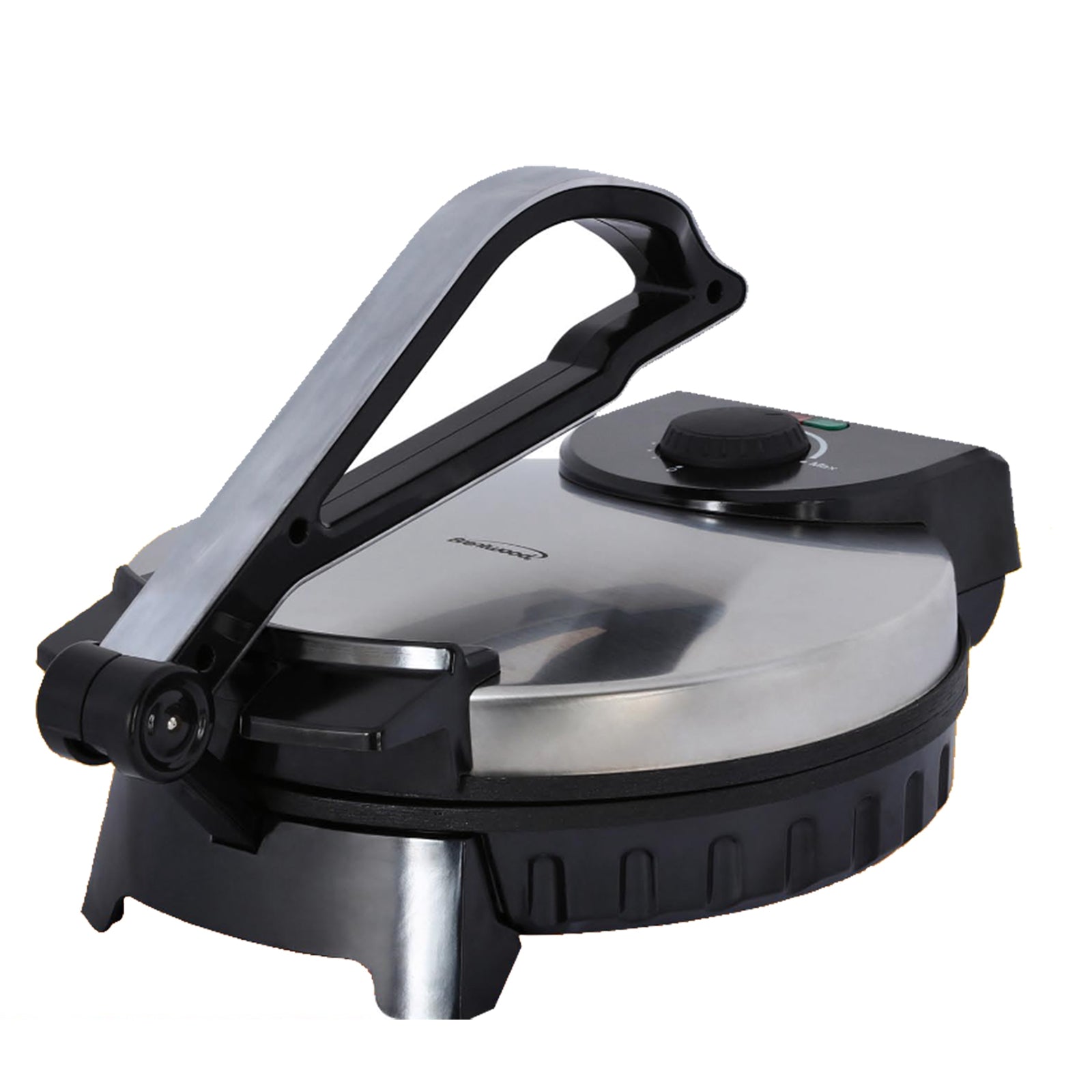 Brentwood 10-inch Roti, flatbread, and tortilla maker in kitchen, with non-stick surface and compact design for easy baking.