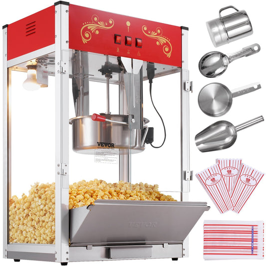 Popcorn Maker, 1615W Popcorn Popper Machine, 16 Oz Kettle Large Capacity Countertop Popcorn Maker with Tempered Glass, Includes 3 Stainless Steel Scoops, Movie Theater Style, Red