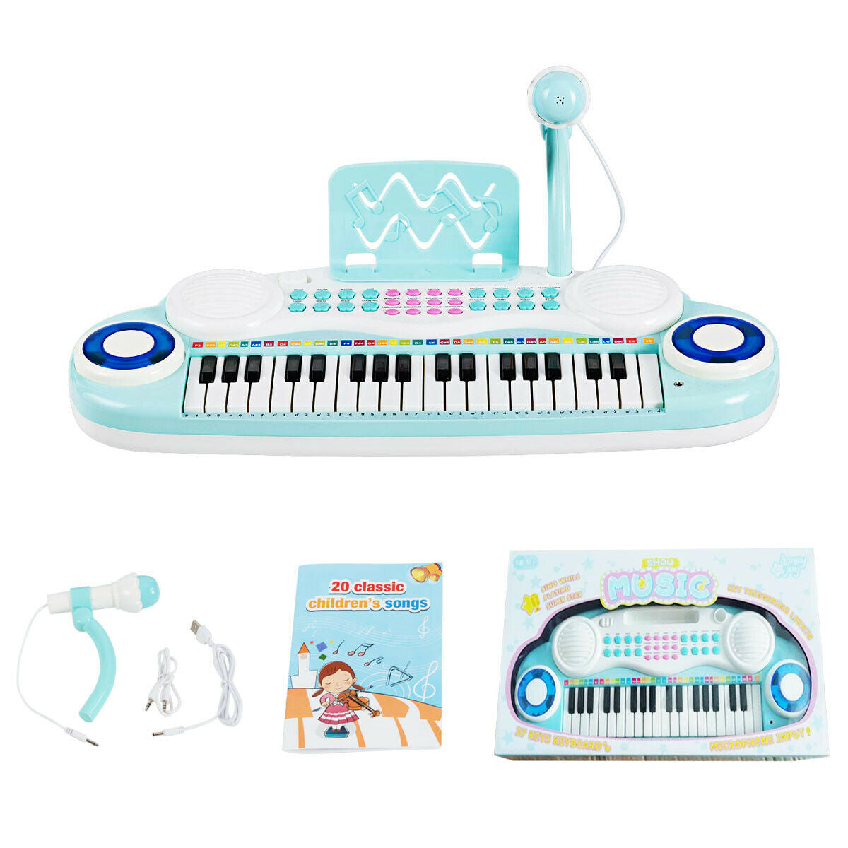 Multifunctional 37 Electric Keyboard Piano with Microphone-Blue - Color: Blue