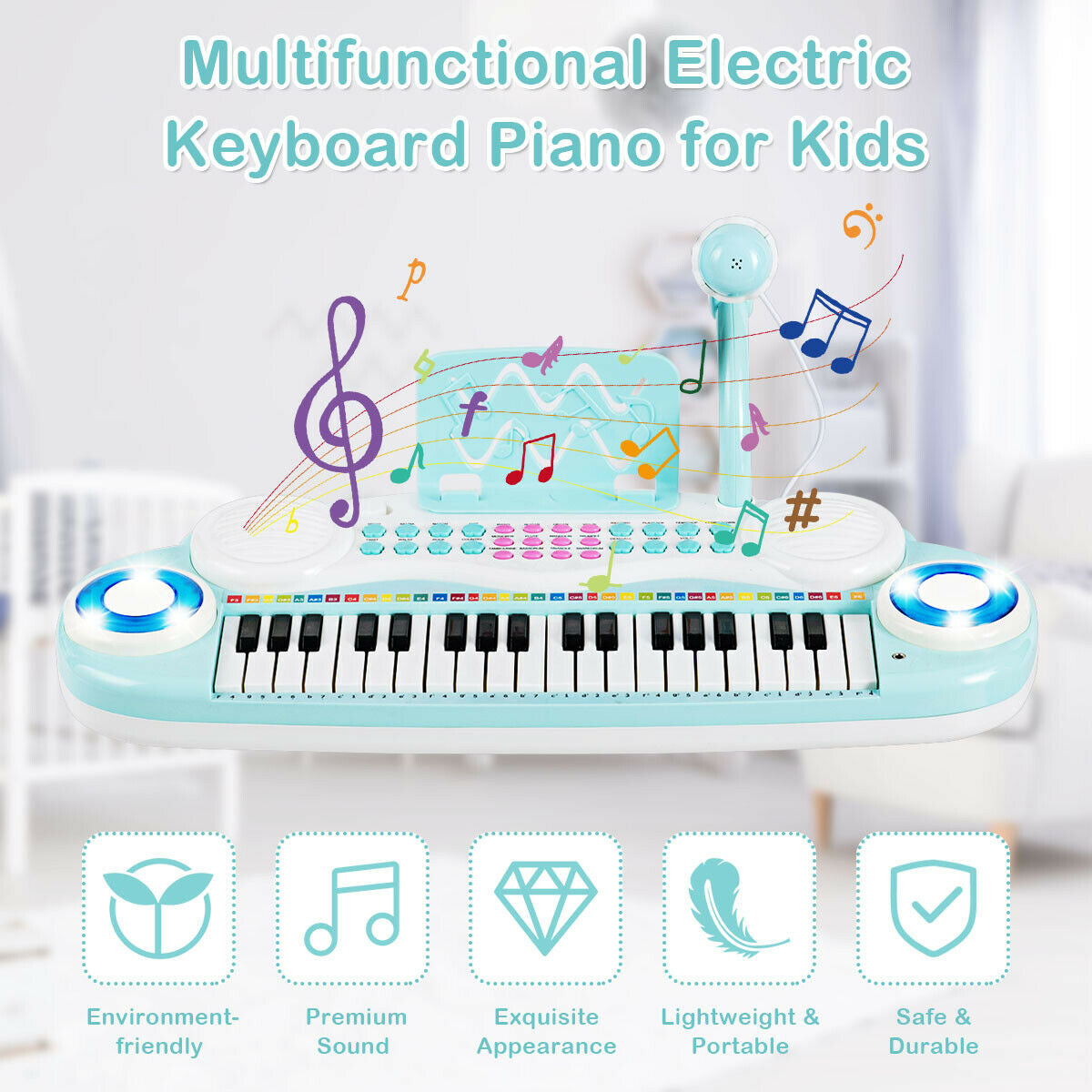 Multifunctional 37 Electric Keyboard Piano with Microphone-Blue - Color: Blue