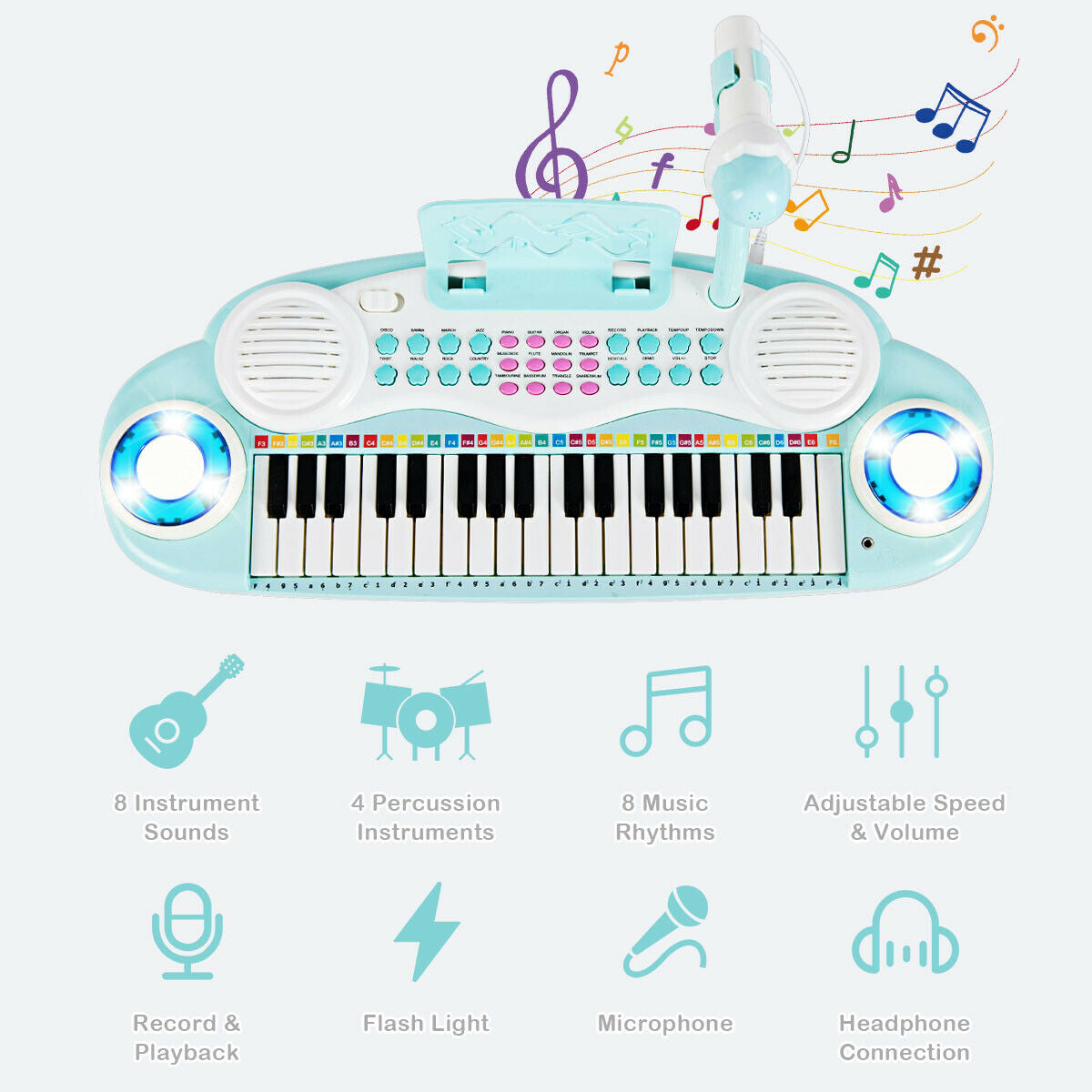 Multifunctional 37 Electric Keyboard Piano with Microphone-Blue - Color: Blue