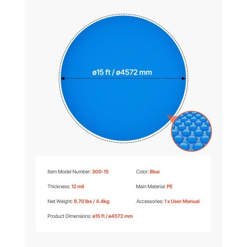 Solar Pool Cover, 15 ft Round Pool Bubble Cover, 12 Mil Pools Solar Blanket with Bubble & PE Material, Daytime Heat Absorption, Nighttime Heat Retention, Heat Retaining Solars Covers, Blue - American Smart