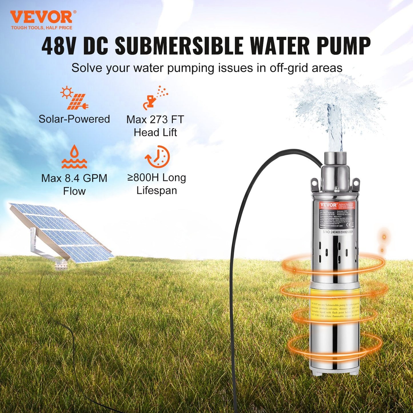 Solar Water Pump, 48V DC 369W Submersible Deep Well Pump, Max Flow 8.4 GPM, Max Head 273 ft, Max Submersion 65.6 ft, Solar Powered Water Pump for Well, Farm Ranch Irrigation, Livestock Drinking