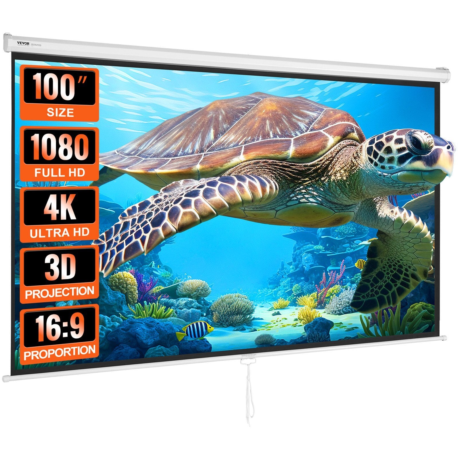 Manual Projector Screen, 100 inch 16:9 4K 1080 HD Retractable Pull Down Projector Screen, Auto-Locking Portable Movie Screen for Family Home Office Theater - American Smart