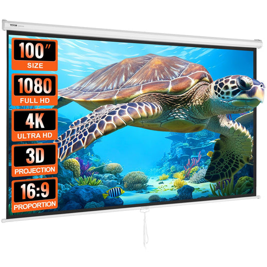Manual Projector Screen, 100 inch 16:9 4K 1080 HD Retractable Pull Down Projector Screen, Auto-Locking Portable Movie Screen for Family Home Office Theater - American Smart