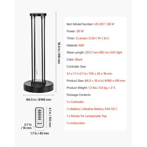 UV Light, 36W Ultraviolet Lamp with Ozone Purifier, UVC Lamp with 30/60/120 Minutes 3-Gear Timer and Remote Control, for Room up to 400 sqft, UVO Lights for Living Room, Bedroom, Hotel, School - American Smart