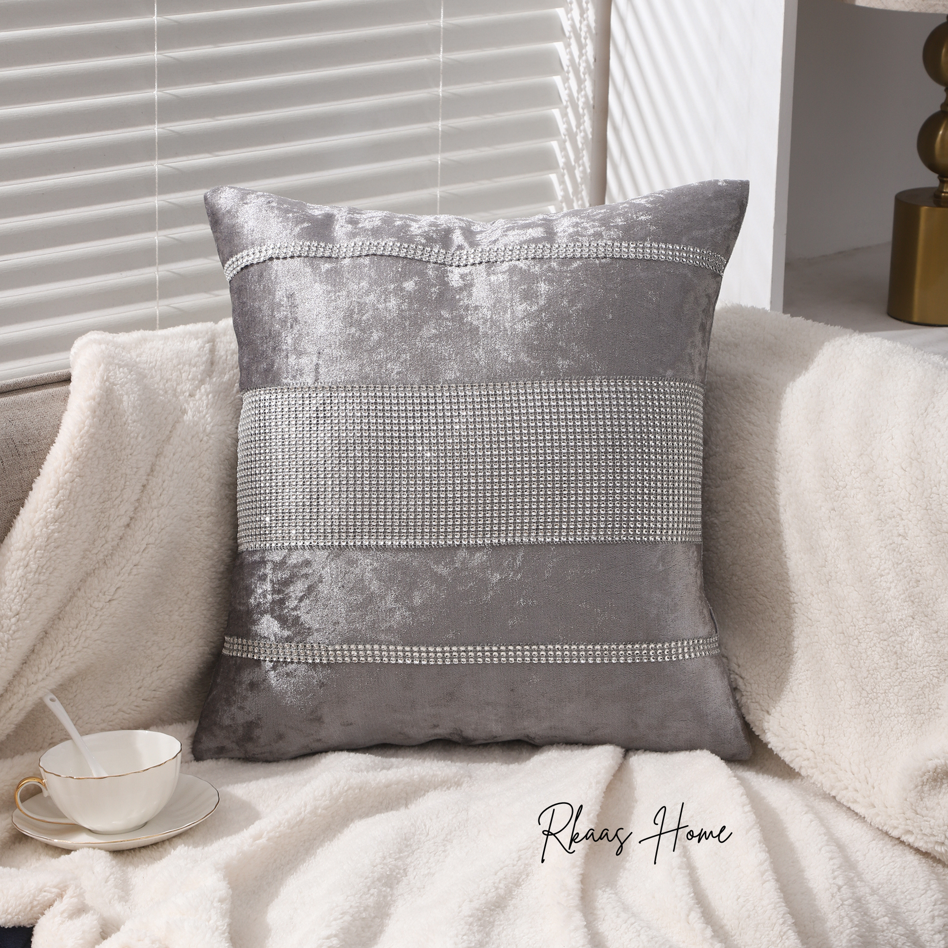 Diamante Sparkle/Bling Silver Grey Colour Crushed Ice Velvet Square Cushion Cover - Design 2 (Set of 2 pcs and 4 pcs)-0