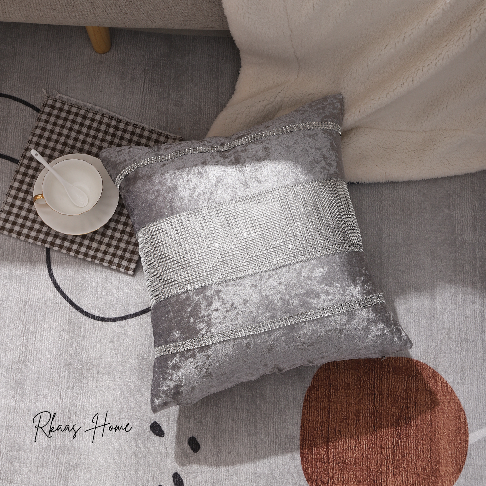 Diamante Sparkle/Bling Silver Grey Colour Crushed Ice Velvet Square Cushion Cover - Design 2 (Set of 2 pcs and 4 pcs)-1