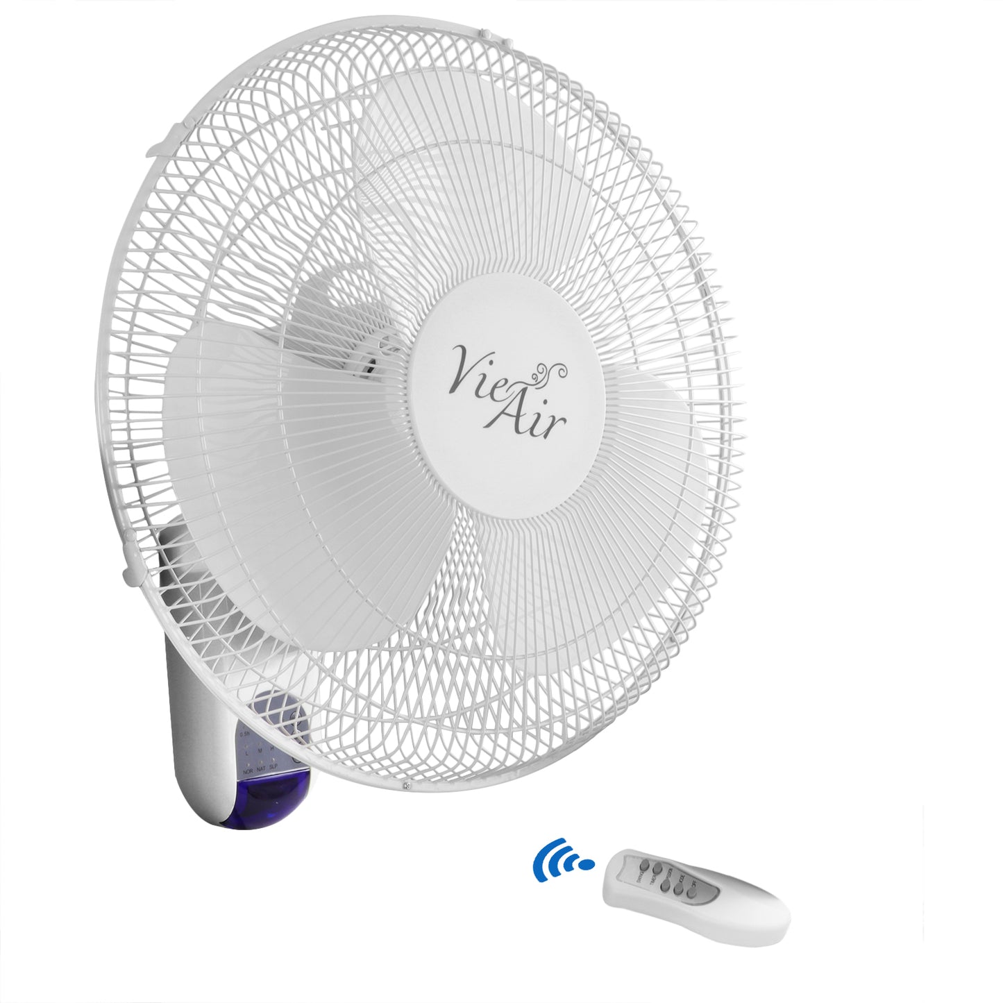 White Vie Air 16-inch wall fan with 3-speed settings and remote control, made of plastic, designed for efficient air circulation.