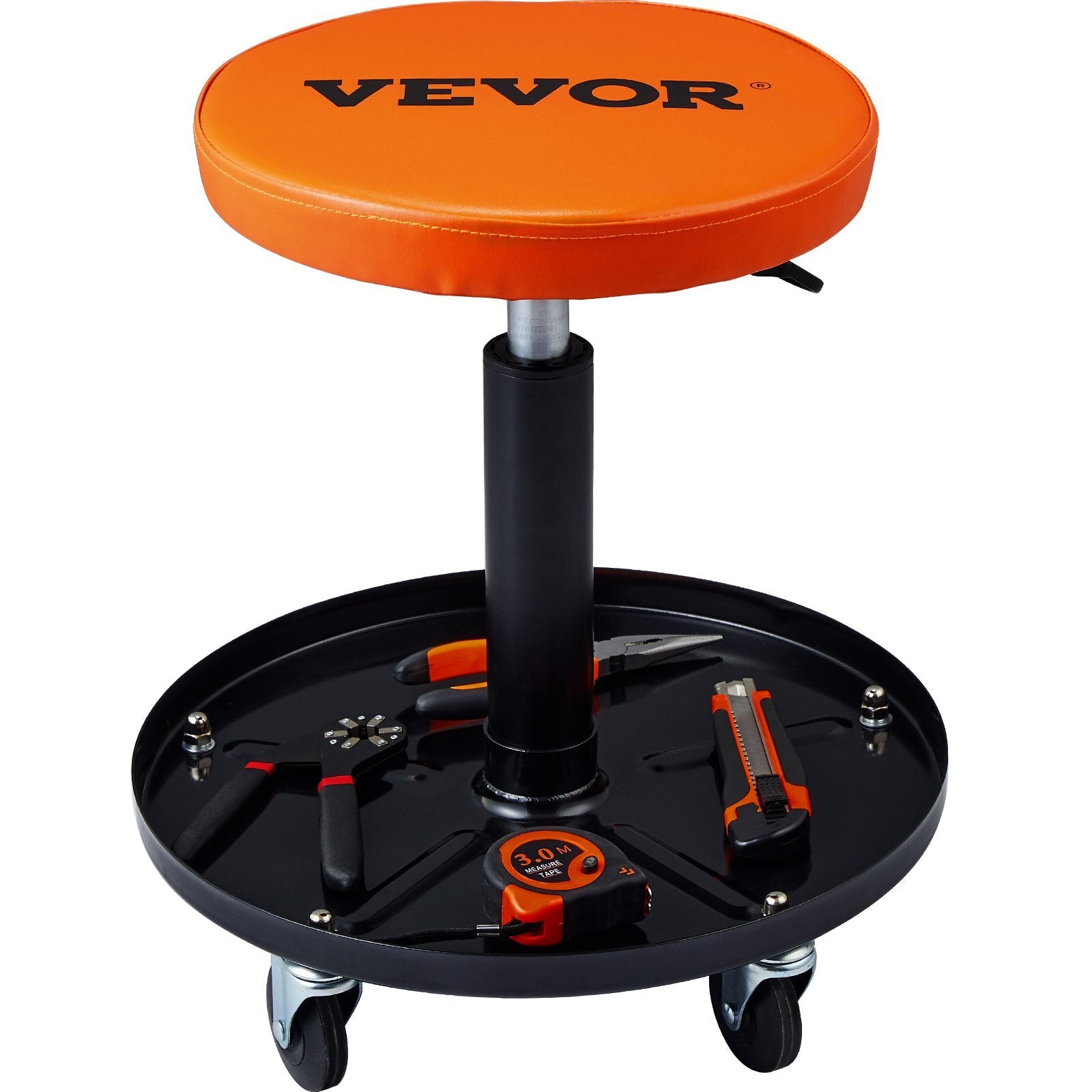 Mechanic Stool, 250 LBS Rolling Pneumatic Creeper Garage/Shop Seat, Adjustable Height 22 in-28 in Padded Rolling Workshop Stool with Tool Tray, for Garage, Shop, Auto Repair, Black+Orange - American Smart