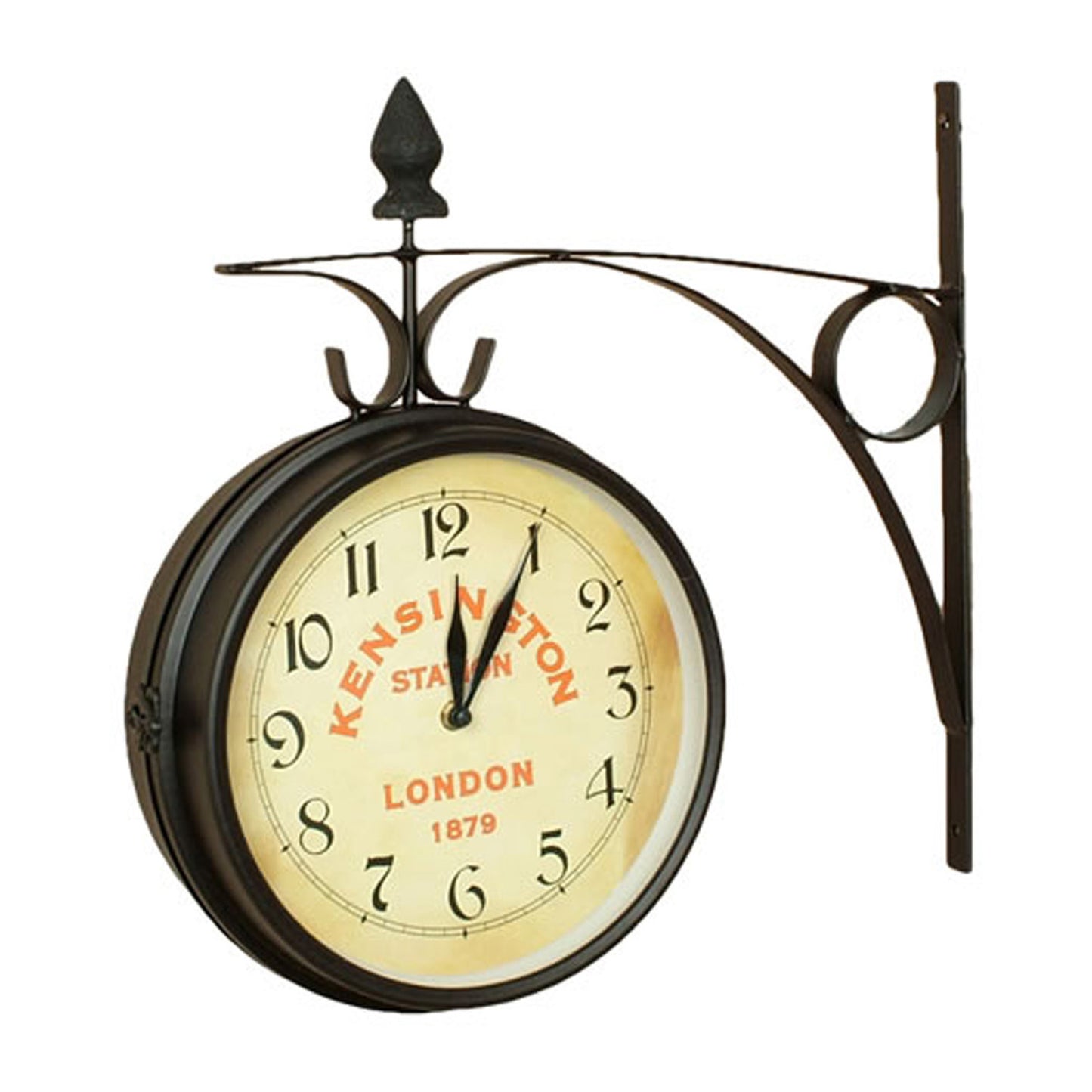 NOSTALGIC Kensington Station Double Side Large Clock showing vintage-style clock faces with black hands and white background.