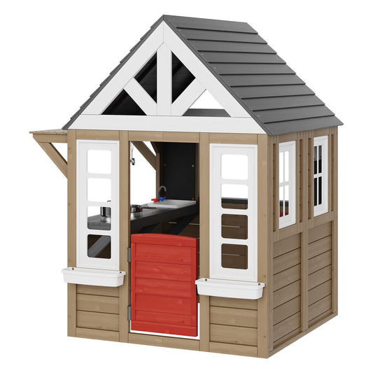 Outdoor Wooden Playhouse, Modern Cedar Playhouse for Age 2-10 Years Kids, Garden Games Cottage, Country Style Cedar Playhouse with Working Door, Window, Flower Pot Holder, Grill, Stove, and Sink - American Smart
