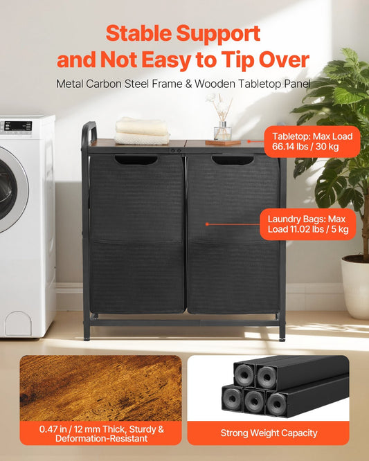 2 Section Laundry Sorter, Large Laundry Hamper with Metal Frame and Wooden Tabletop, Freestanding Storage Organizer Baskets with Pull-Out 600D Oxford Cloth Bags for Dirty Clothes, Bathroom - American Smart