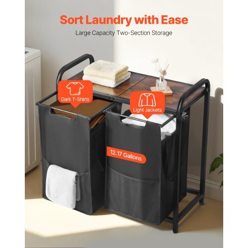 2 Section Laundry Sorter, Large Laundry Hamper with Metal Frame and Wooden Tabletop, Freestanding Storage Organizer Baskets with Pull-Out 600D Oxford Cloth Bags for Dirty Clothes, Bathroom - American Smart