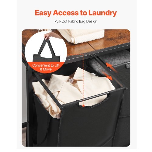 2 Section Laundry Sorter, Large Laundry Hamper with Metal Frame and Wooden Tabletop, Freestanding Storage Organizer Baskets with Pull-Out 600D Oxford Cloth Bags for Dirty Clothes, Bathroom - American Smart
