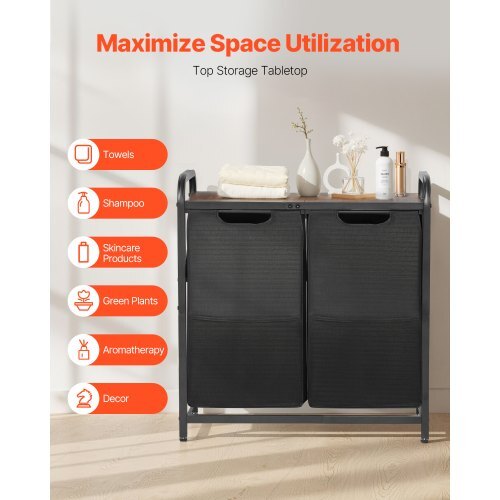 2 Section Laundry Sorter, Large Laundry Hamper with Metal Frame and Wooden Tabletop, Freestanding Storage Organizer Baskets with Pull-Out 600D Oxford Cloth Bags for Dirty Clothes, Bathroom - American Smart