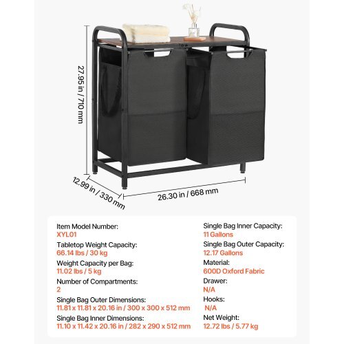 2 Section Laundry Sorter, Large Laundry Hamper with Metal Frame and Wooden Tabletop, Freestanding Storage Organizer Baskets with Pull-Out 600D Oxford Cloth Bags for Dirty Clothes, Bathroom - American Smart