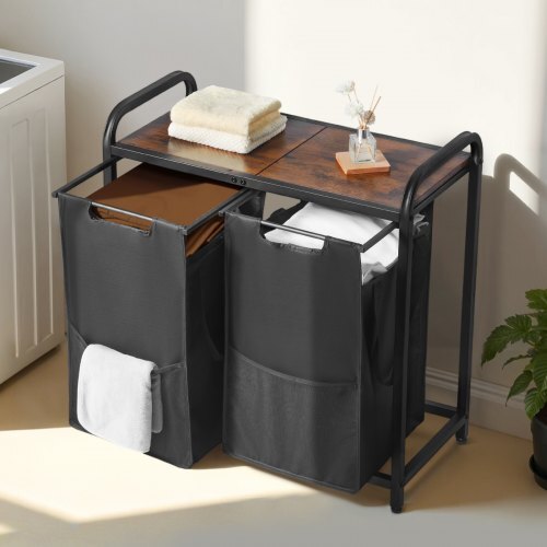 2 Section Laundry Sorter, Large Laundry Hamper with Metal Frame and Wooden Tabletop, Freestanding Storage Organizer Baskets with Pull-Out 600D Oxford Cloth Bags for Dirty Clothes, Bathroom - American Smart