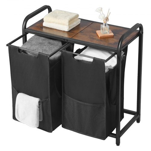 2 Section Laundry Sorter, Large Laundry Hamper with Metal Frame and Wooden Tabletop, Freestanding Storage Organizer Baskets with Pull-Out 600D Oxford Cloth Bags for Dirty Clothes, Bathroom - American Smart