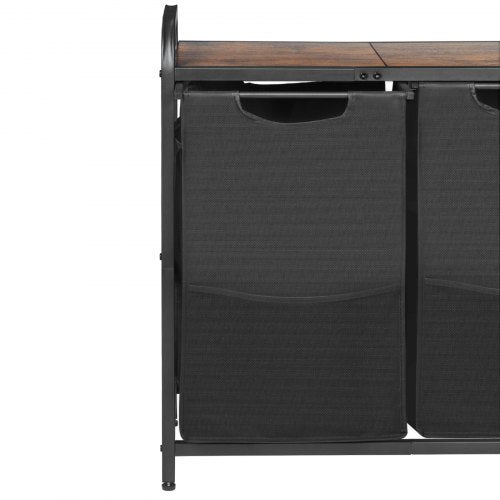 2 Section Laundry Sorter, Large Laundry Hamper with Metal Frame and Wooden Tabletop, Freestanding Storage Organizer Baskets with Pull-Out 600D Oxford Cloth Bags for Dirty Clothes, Bathroom - American Smart