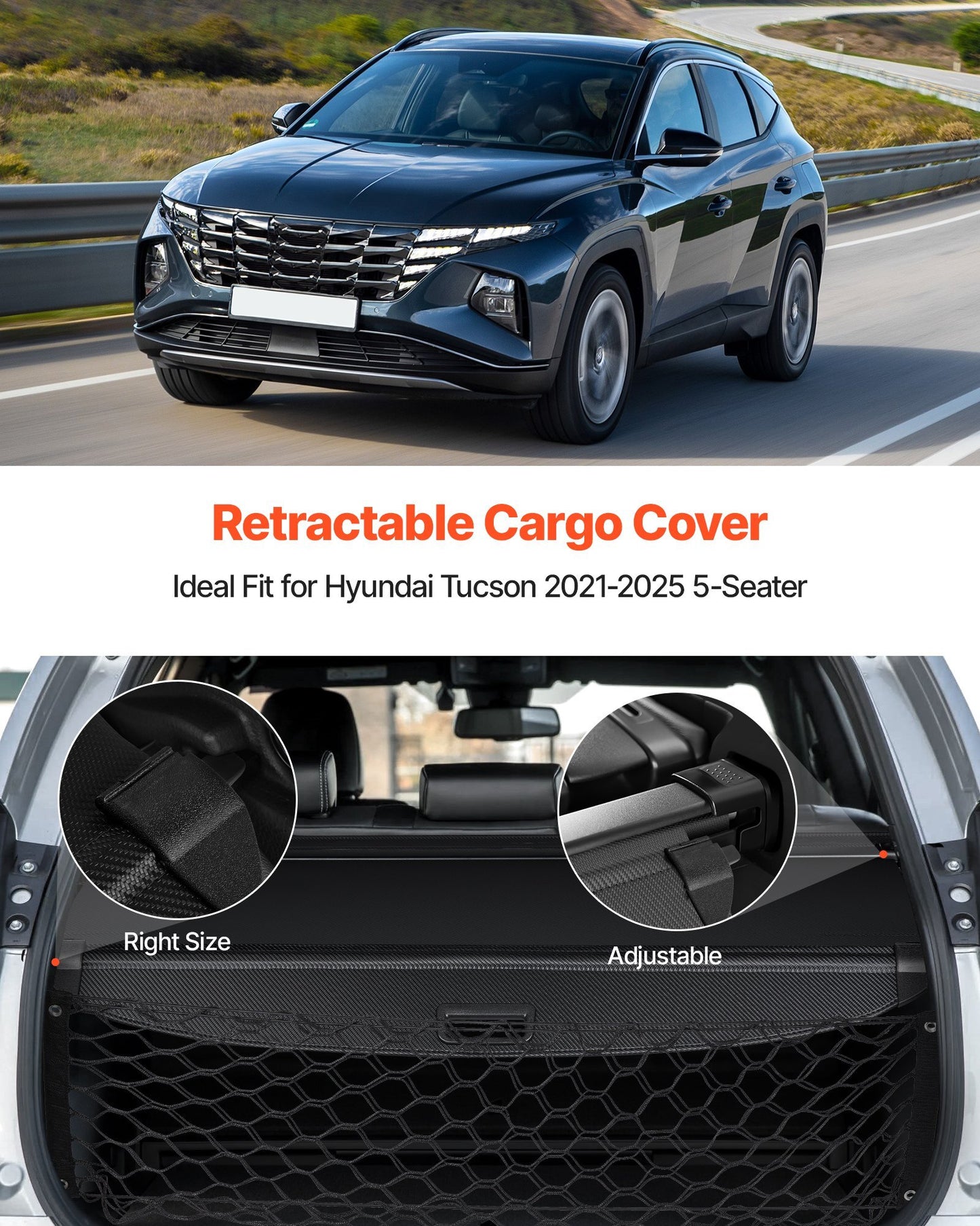Retractable Cargo Cover, Upgraded Carbon Fiber Texture Trunk Cover, Anti-Peeping Luggage Privacy Shield, Easy Installation Security Shade with Cargo Net, for Hyundai Tucson 2021-2025 5-Seater