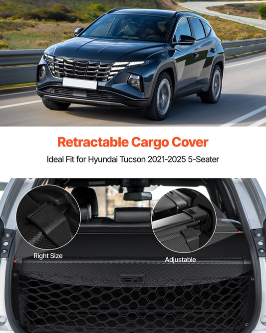 Retractable Cargo Cover, Upgraded Carbon Fiber Texture Trunk Cover, Anti-Peeping Luggage Privacy Shield, Easy Installation Security Shade with Cargo Net, for Hyundai Tucson 2021-2025 5-Seater