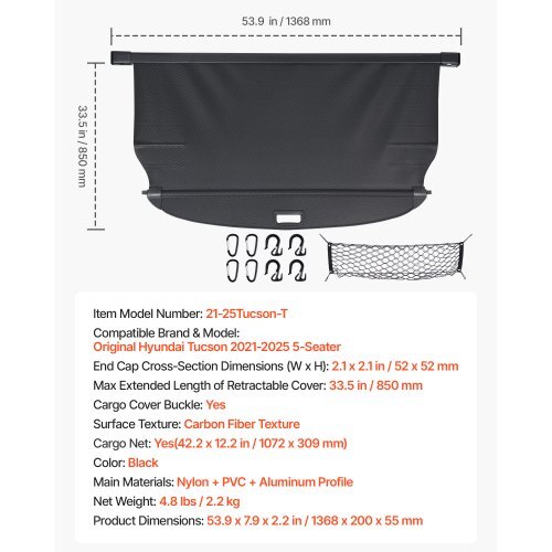 Retractable Cargo Cover, Upgraded Carbon Fiber Texture Trunk Cover, Anti-Peeping Luggage Privacy Shield, Easy Installation Security Shade with Cargo Net, for Hyundai Tucson 2021-2025 5-Seater