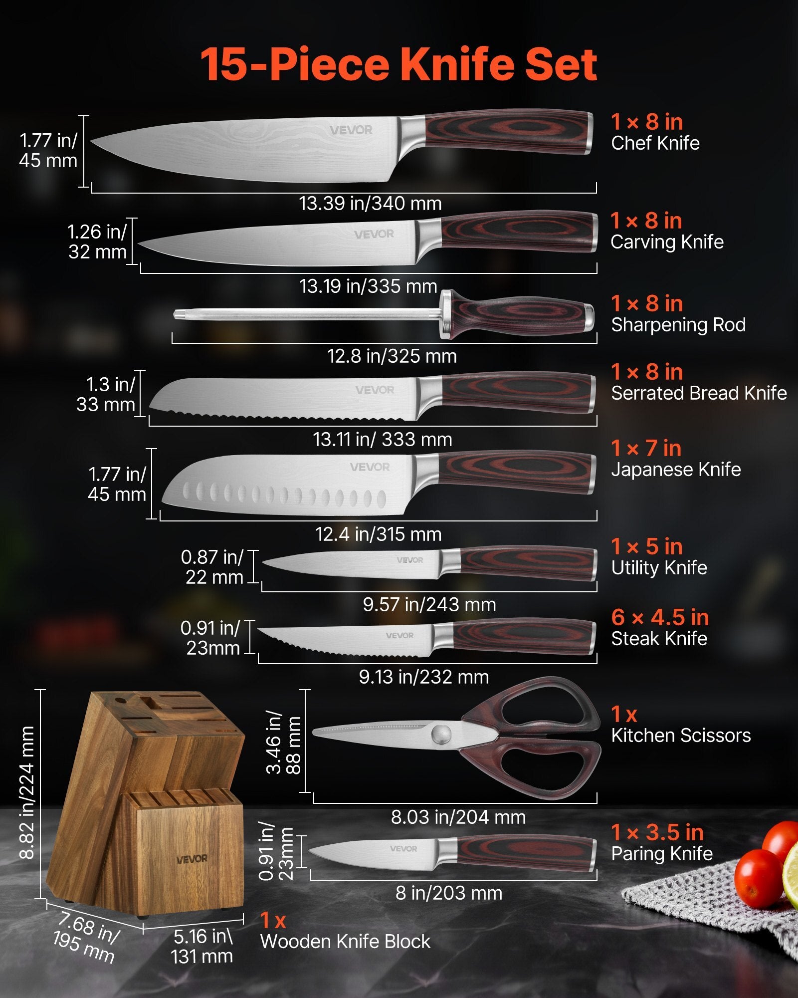 Kitchen Knife Set with Block and Sharpener, 15 Piece High Carbon Stainless Steel Knife Set, Rust-Resistant Kitchen Cutlery with Ergonomic Handle, Sharpening Rod & Premium Wooden Block, for Home - American Smart