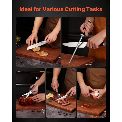 Kitchen Knife Set with Block and Sharpener, 15 Piece High Carbon Stainless Steel Knife Set, Rust-Resistant Kitchen Cutlery with Ergonomic Handle, Sharpening Rod & Premium Wooden Block, for Home - American Smart