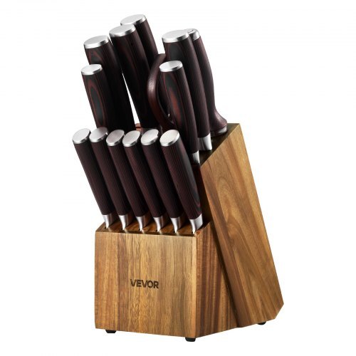 Kitchen Knife Set with Block and Sharpener, 15 Piece High Carbon Stainless Steel Knife Set, Rust-Resistant Kitchen Cutlery with Ergonomic Handle, Sharpening Rod & Premium Wooden Block, for Home - American Smart