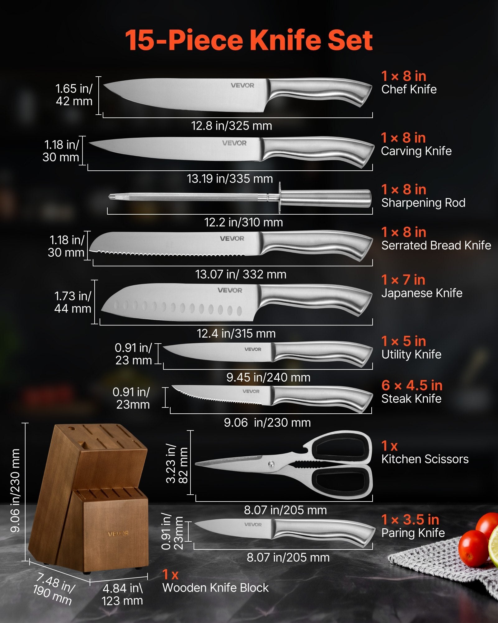 Kitchen Knife Set with Block and Sharpener, 15 Piece German High Carbon Stainless Steel  Sharp Knife Set, Kitchen Cutlery with Ergonomic Handle, Sharpening Rod and Wooden Block, for Home Cooks - American Smart