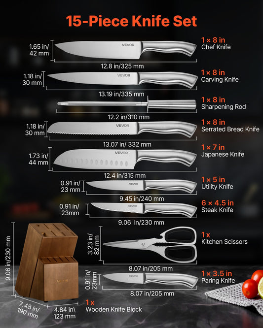 Kitchen Knife Set with Block and Sharpener, 15 Piece German High Carbon Stainless Steel  Sharp Knife Set, Kitchen Cutlery with Ergonomic Handle, Sharpening Rod and Wooden Block, for Home Cooks - American Smart