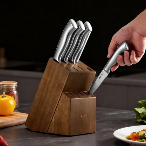 Kitchen Knife Set with Block and Sharpener, 15 Piece German High Carbon Stainless Steel  Sharp Knife Set, Kitchen Cutlery with Ergonomic Handle, Sharpening Rod and Wooden Block, for Home Cooks - American Smart