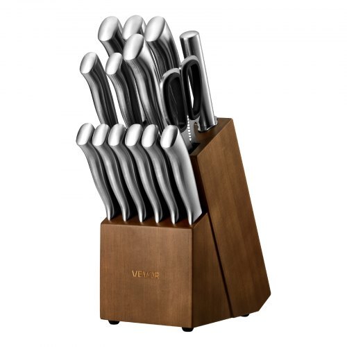 Kitchen Knife Set with Block and Sharpener, 15 Piece German High Carbon Stainless Steel  Sharp Knife Set, Kitchen Cutlery with Ergonomic Handle, Sharpening Rod and Wooden Block, for Home Cooks - American Smart