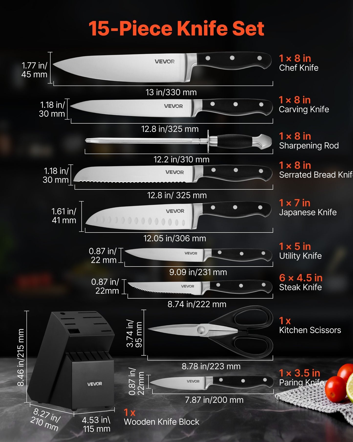 Kitchen Knife Set with Block and Sharpener, 15 Piece High Carbon Stainless Steel Sharp Knife Set, Kitchen Cutlery with Crack-Resistant Handle, Sharpening Rod and Wooden Block, for Home Cooks