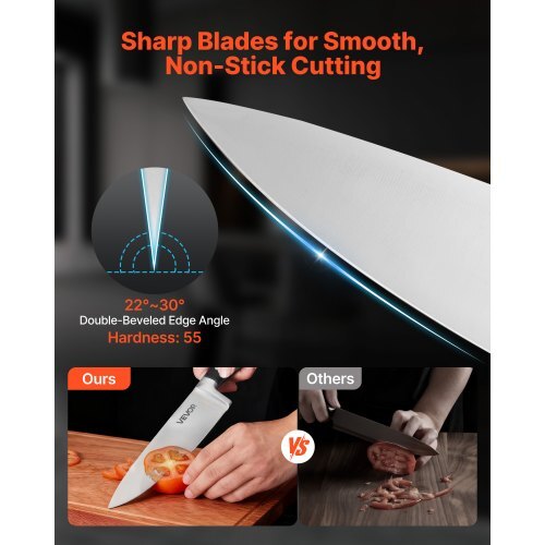 Kitchen Knife Set with Block and Sharpener, 15 Piece High Carbon Stainless Steel Sharp Knife Set, Kitchen Cutlery with Crack-Resistant Handle, Sharpening Rod and Wooden Block, for Home Cooks
