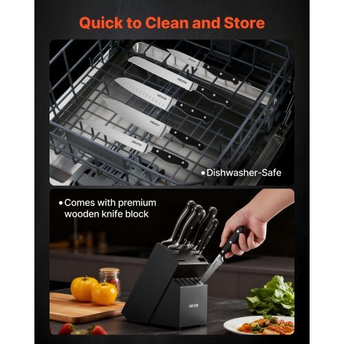 Kitchen Knife Set with Block and Sharpener, 15 Piece High Carbon Stainless Steel Sharp Knife Set, Kitchen Cutlery with Crack-Resistant Handle, Sharpening Rod and Wooden Block, for Home Cooks